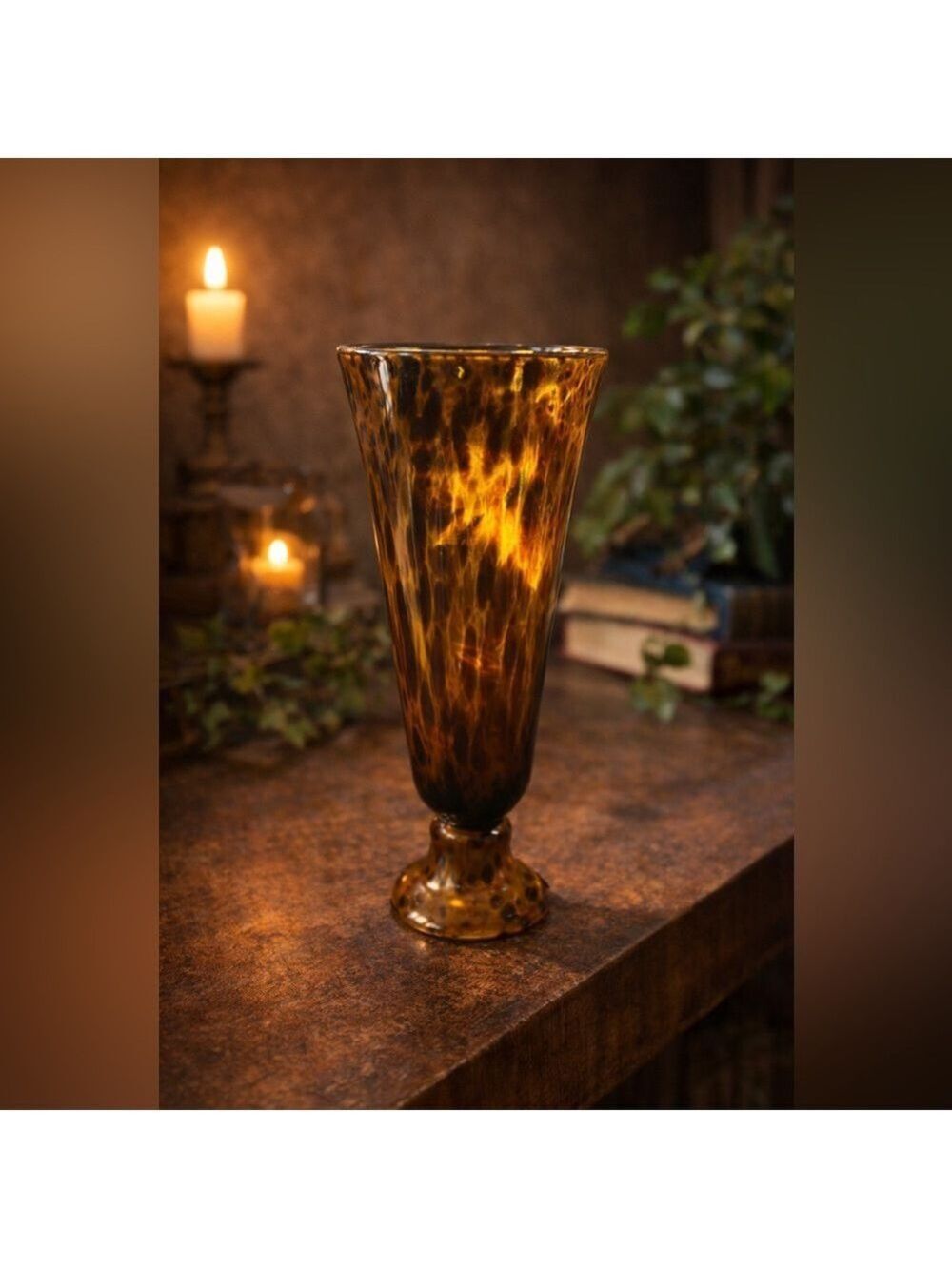 Vintage Handblown Tortoise Shell Art Glass Vase •Tall Mid-Century Speckled Amber